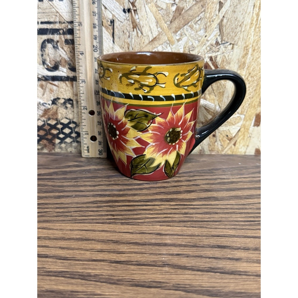 Pier 1 Imports Sunflower Coffee Mug Hand Painted Terracotta Red Yellow 4.5"